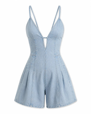 Lace-Up Back Denim Romper WHD0606217
