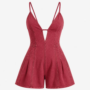 Lace-Up Back Denim Romper WHD0606217