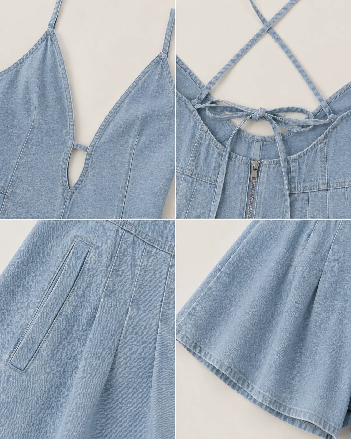Lace-Up Back Denim Romper WHD0606217