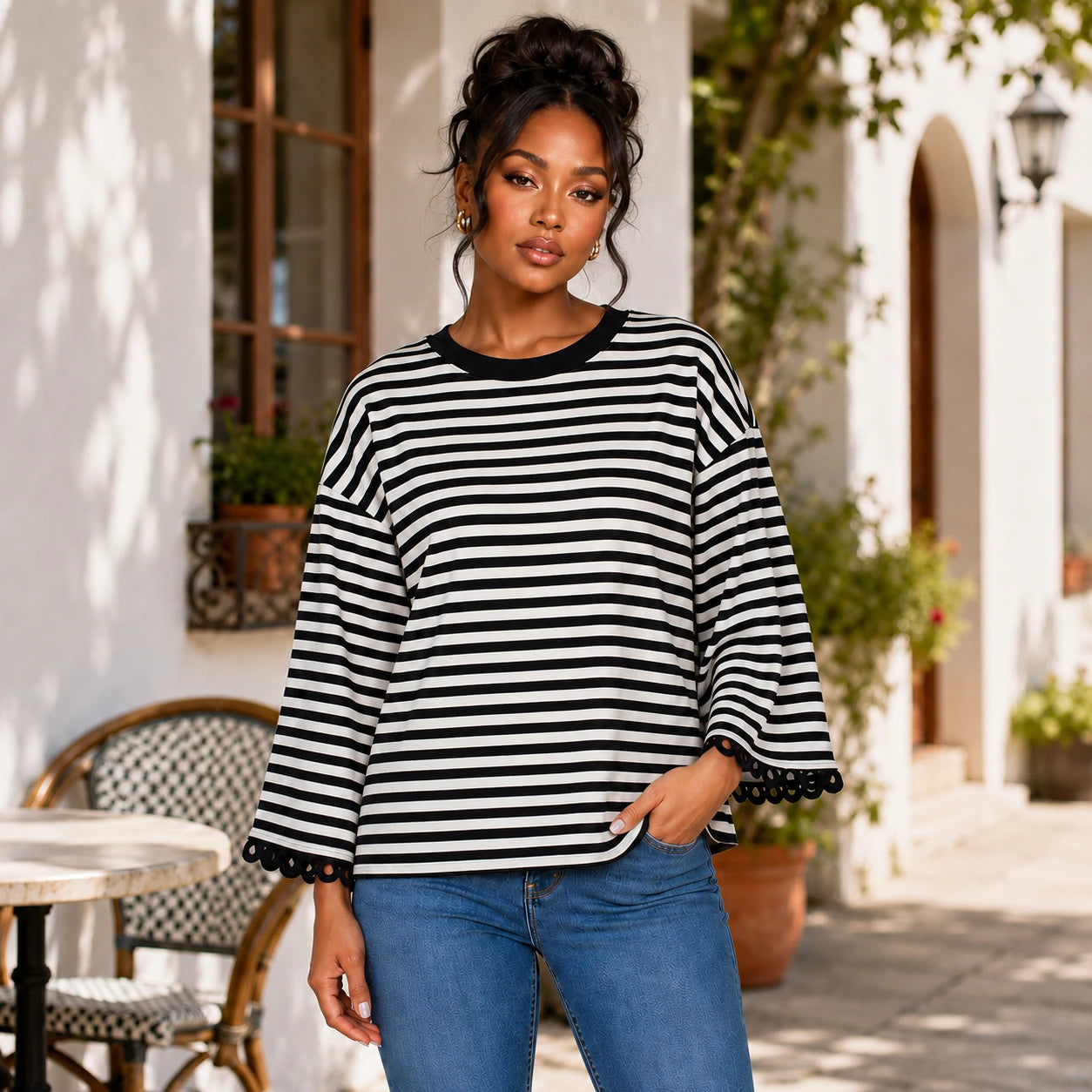 Striped Lace Cuff Top WHD0606274