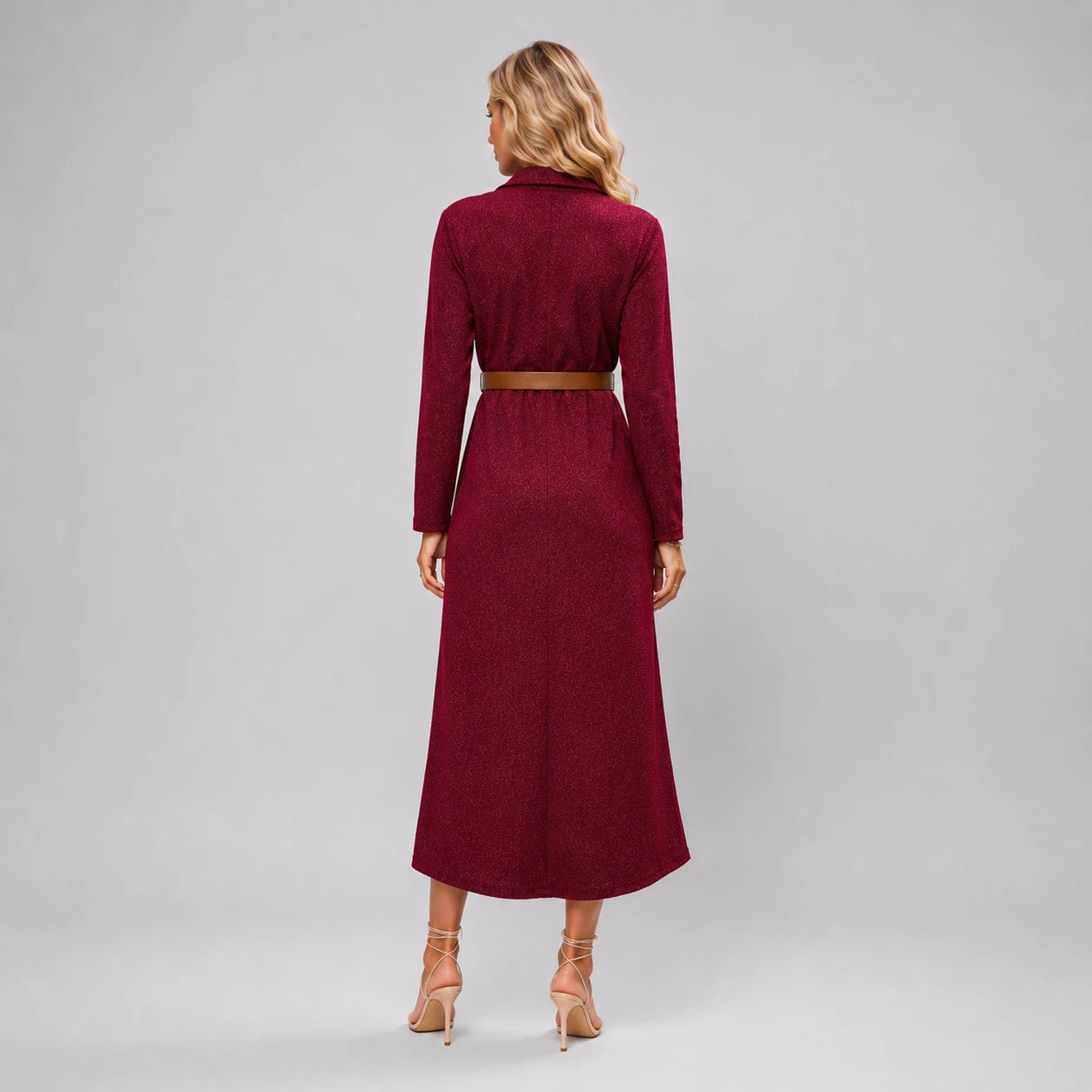 Belted Burgundy Midi Dress WHD0606304