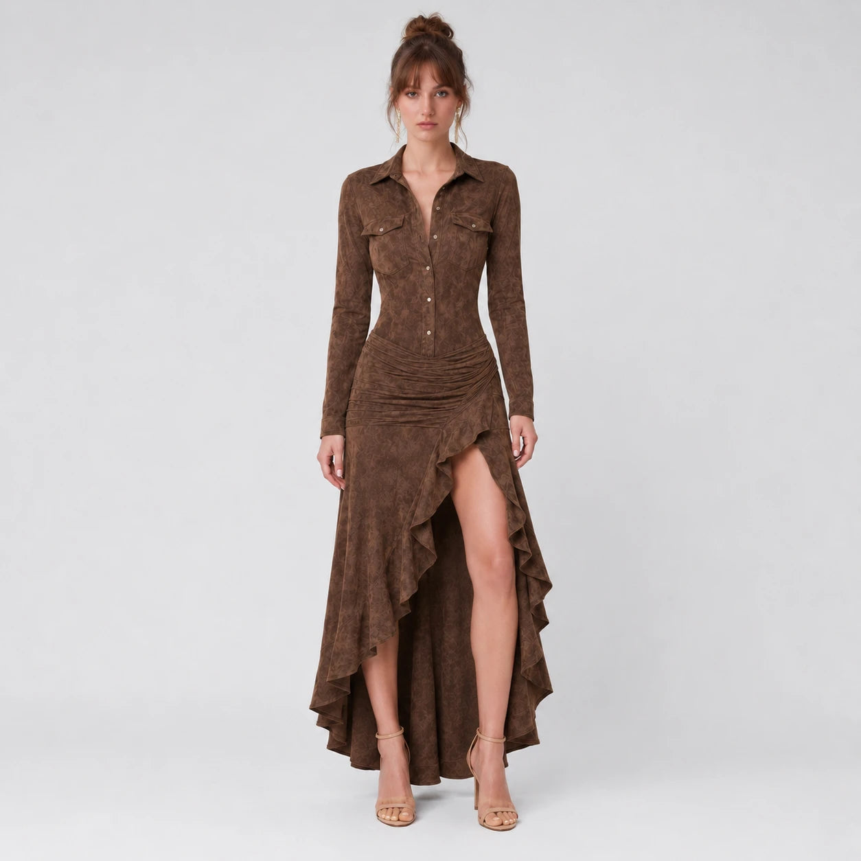 Western Ruffle Slit Maxi Dress WHD0606305