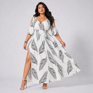 Leaf Print Cold-Shoulder Maxi Dress WHD0606397