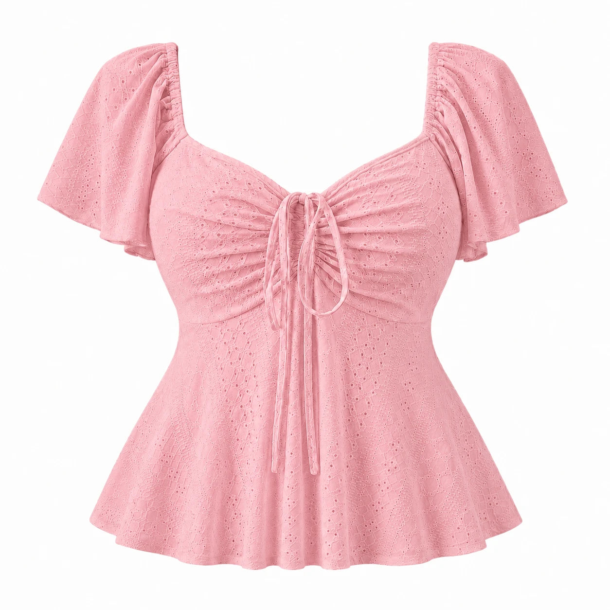 Ruched Eyelet Peplum Top WHD0606412