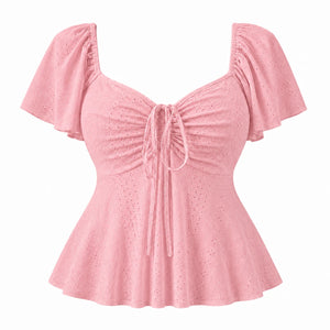 Ruched Eyelet Peplum Top WHD0606412