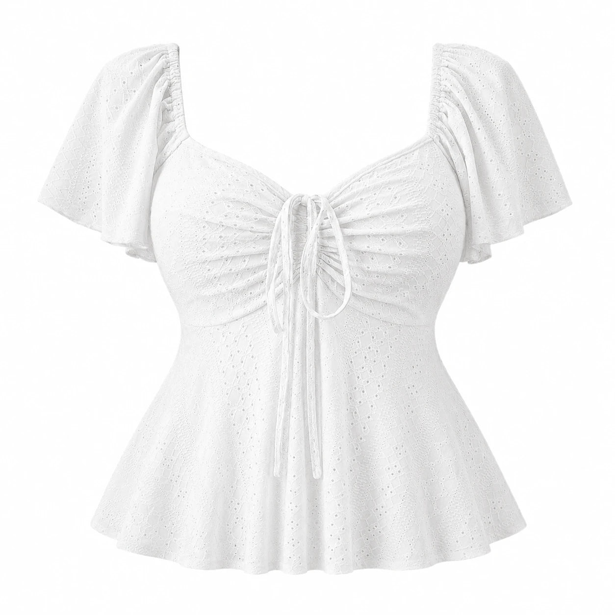 Ruched Eyelet Peplum Top WHD0606412