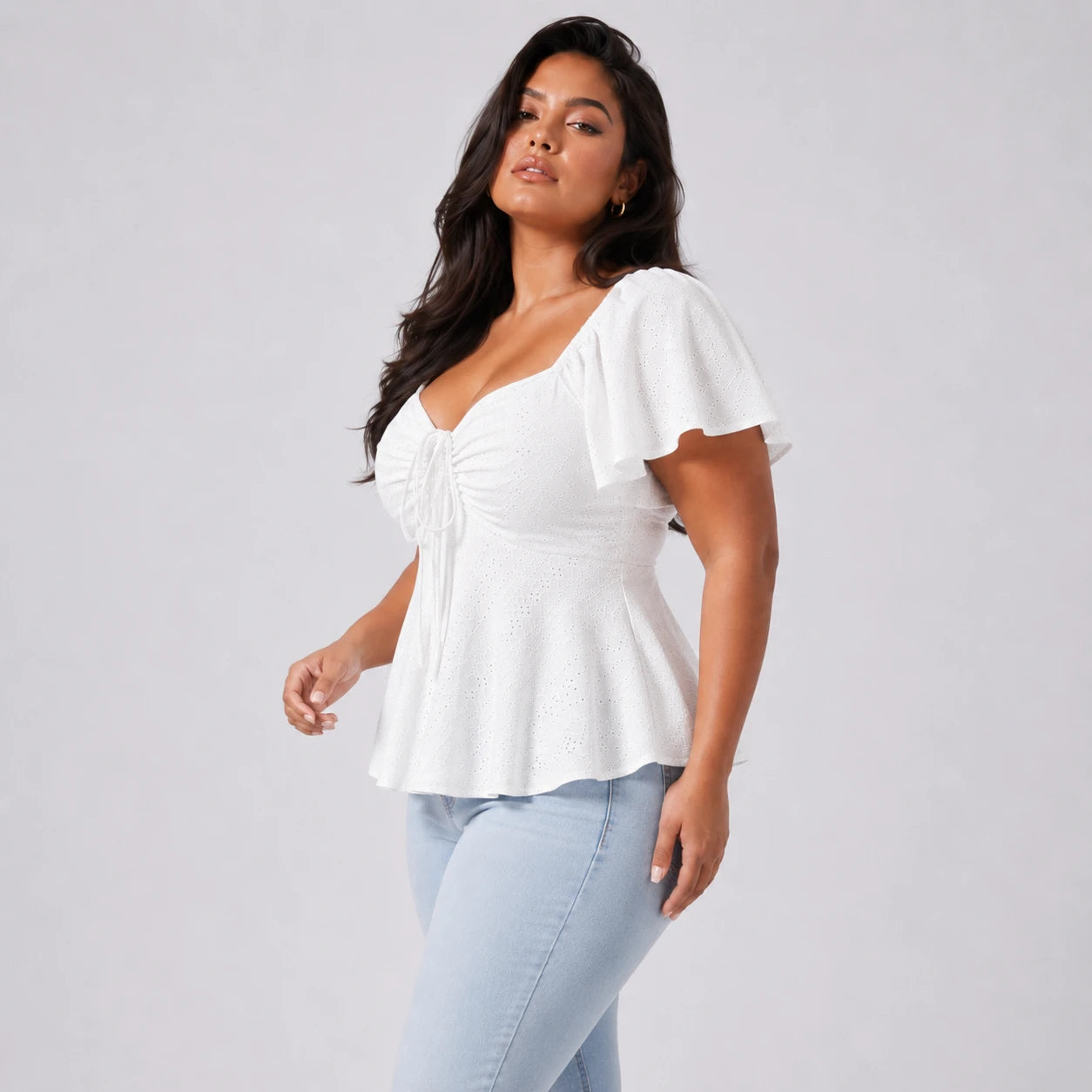 Ruched Eyelet Peplum Top WHD0606412