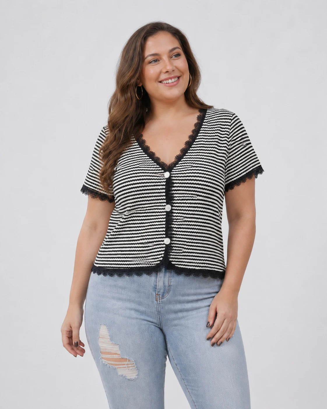 Striped Lace Trim Knit Top WHD0606413