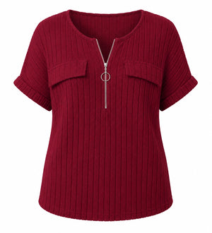 Ribbed Half-Zip Short Sleeve Top WHD0606416