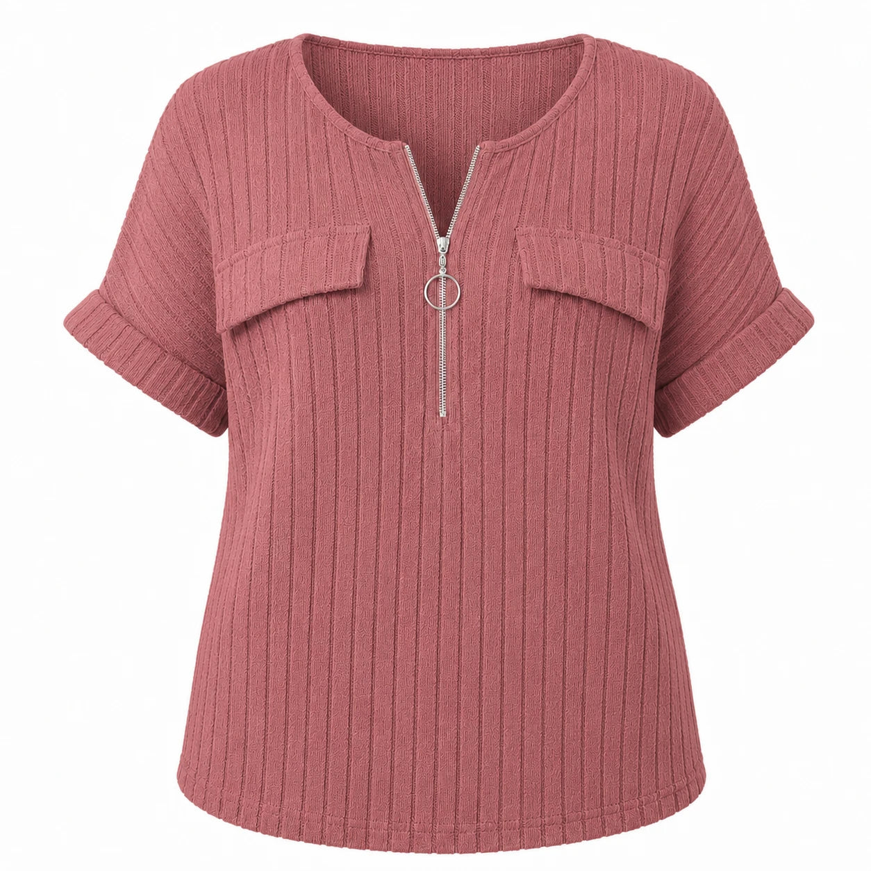 Ribbed Half-Zip Short Sleeve Top WHD0606416