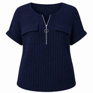 Ribbed Half-Zip Short Sleeve Top WHD0606416