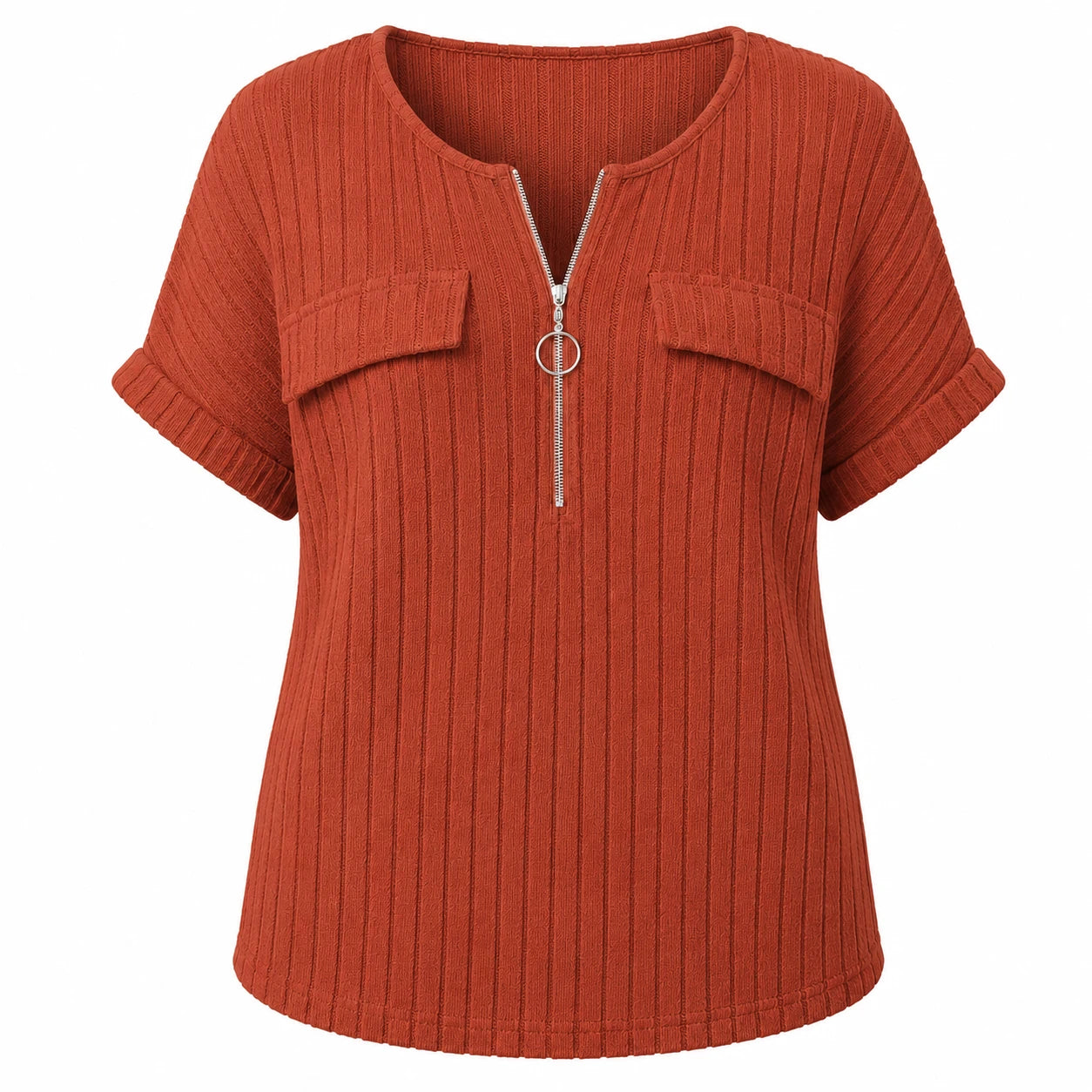 Ribbed Half-Zip Short Sleeve Top WHD0606416