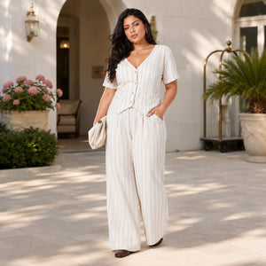 Pinstripe V-Neck Pant Set WHD0606418