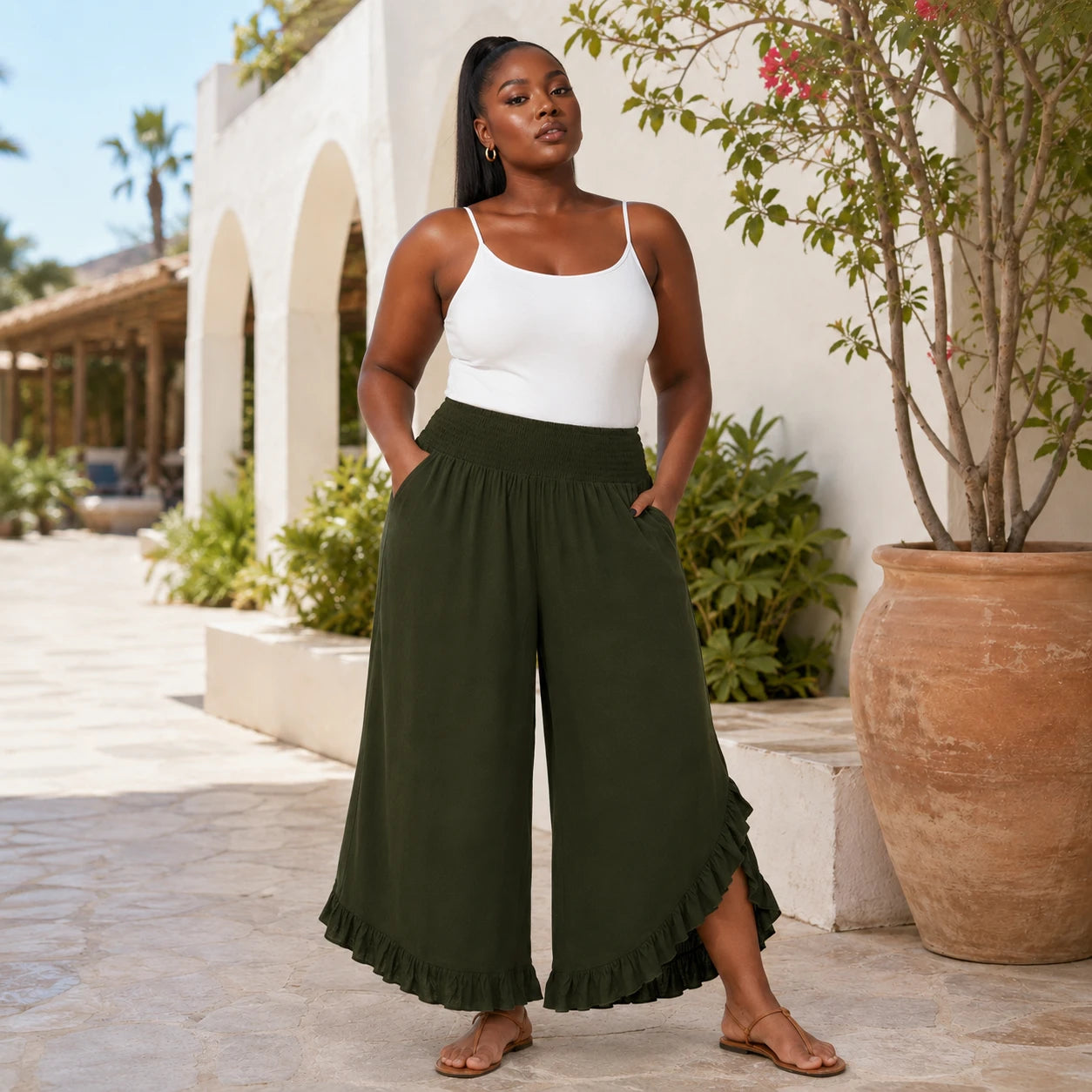 Ruffle Hem Wide Leg Pants WHD0606435