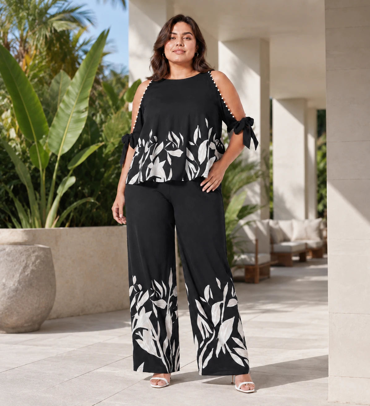Floral Trim Wide Leg Set WHD0606448