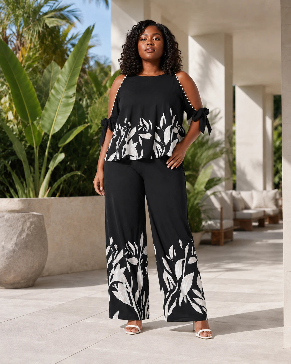 Floral Trim Wide Leg Set WHD0606448