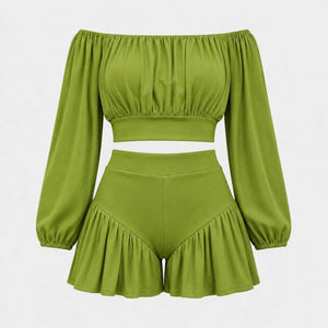 Off-Shoulder Ruffle Shorts Set WHD0606450