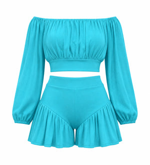 Off-Shoulder Ruffle Shorts Set WHD0606450