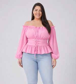 Off-Shoulder Lace-Up Peplum Top WHD0606468