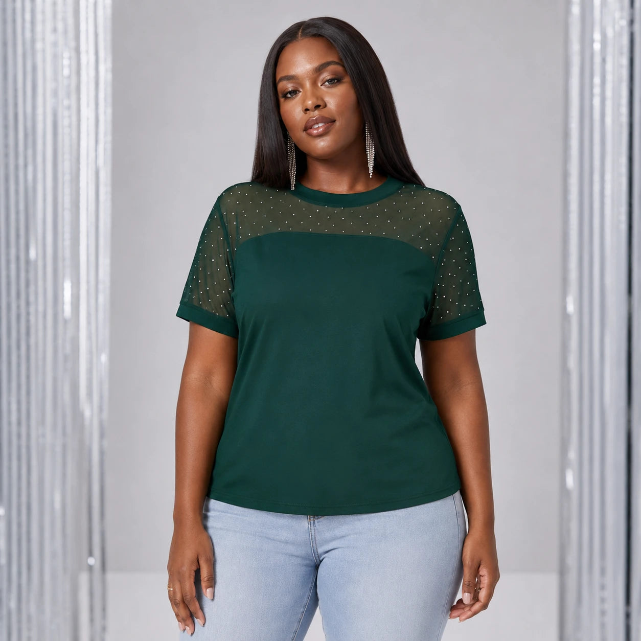 Rhinestone Mesh Yoke Top WHD0606473