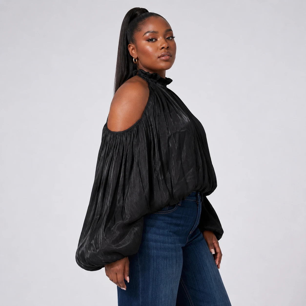 Cold-Shoulder Blouse and Jeans Set WHD0606476