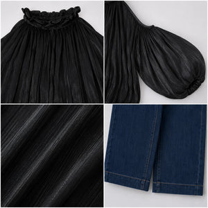 Cold-Shoulder Blouse and Jeans Set WHD0606476