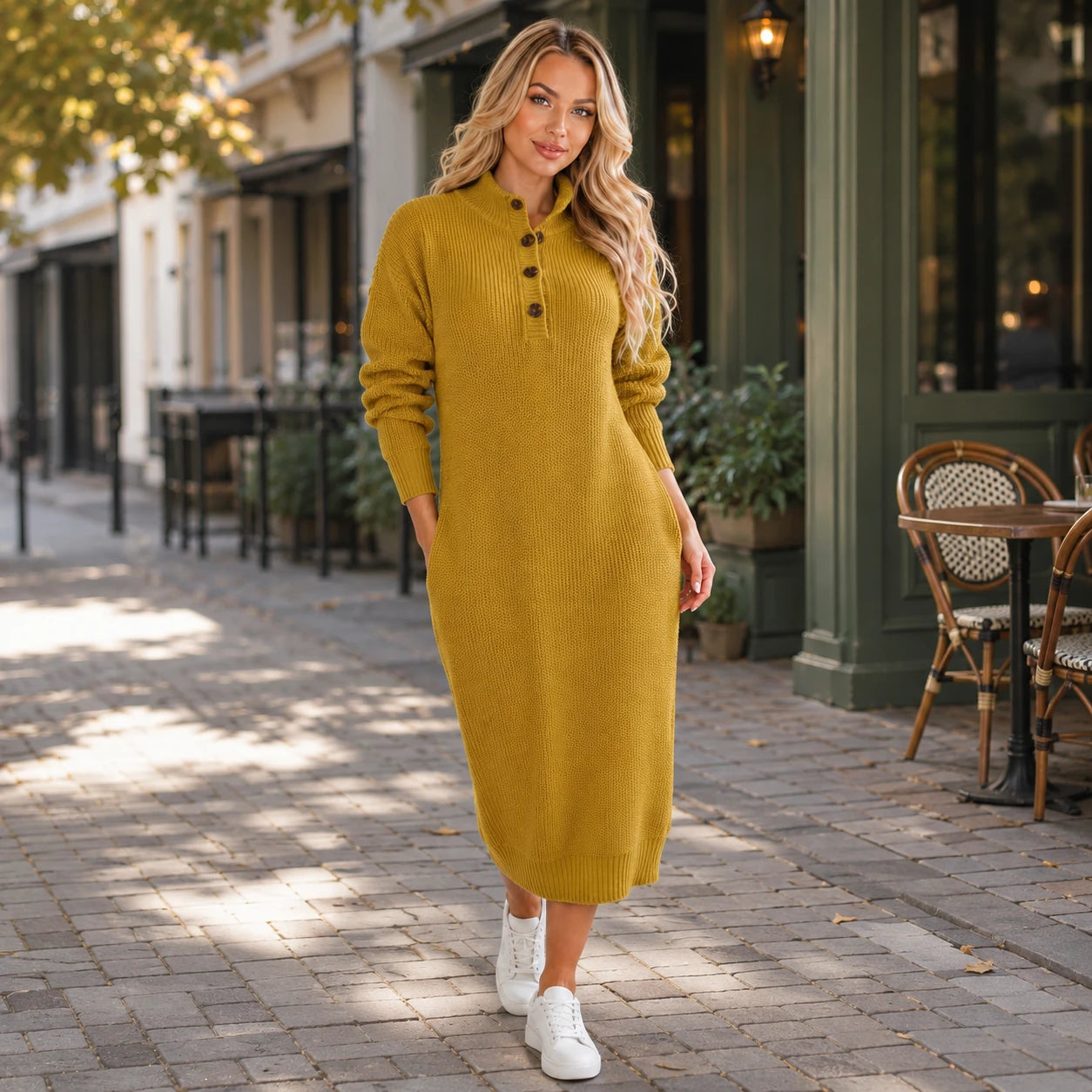 Button Collar Knit Dress WHD0606547