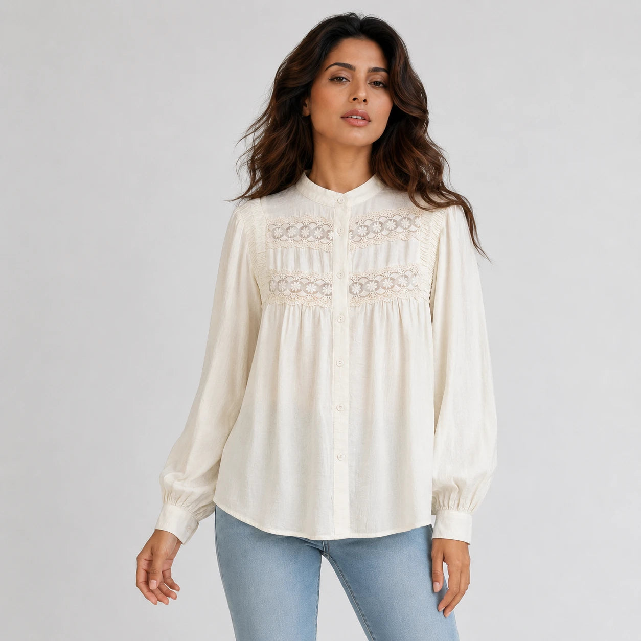 Lace Panel Button Blouse WHD0606591