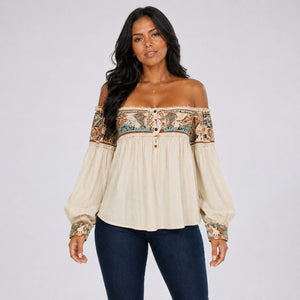 Boho Off-Shoulder Printed Blouse WHD0606594