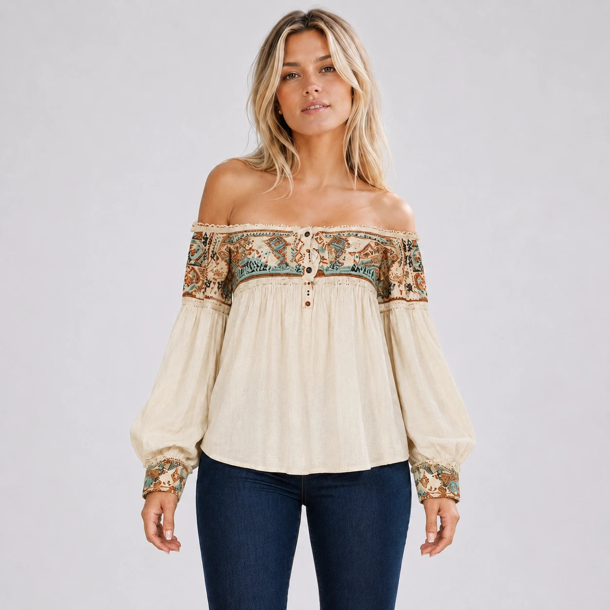 Boho Off-Shoulder Printed Blouse WHD0606594