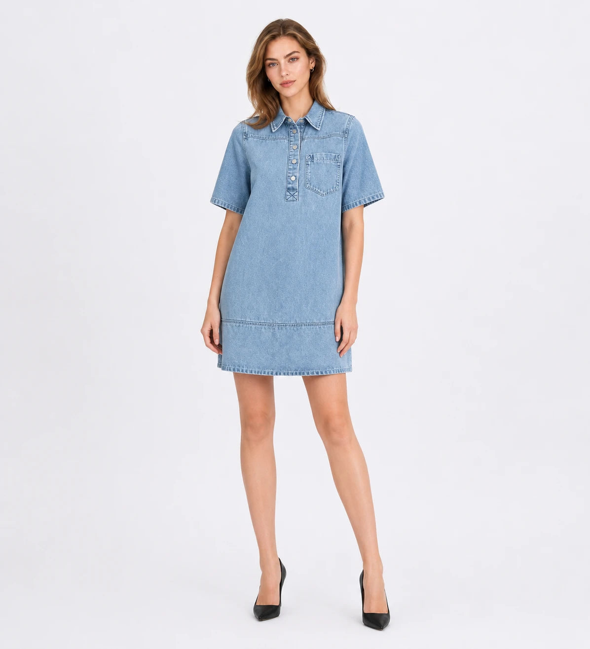 Washed Denim Collared Mini Dress WHD0607001