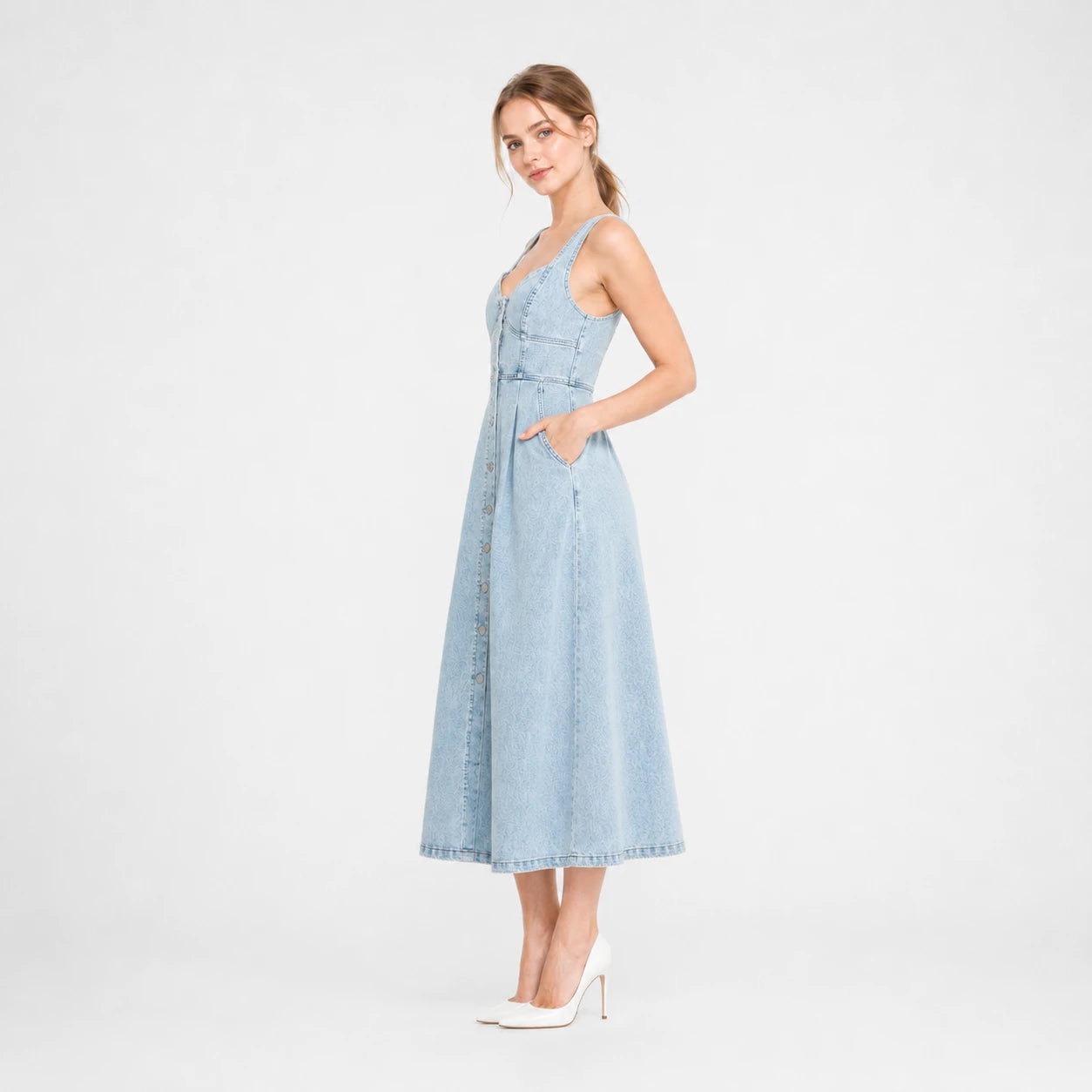 Button Front Denim Midi Dress WHD0607003