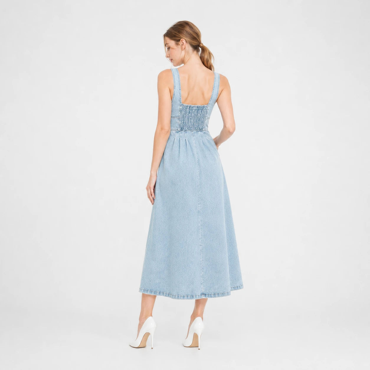 Button Front Denim Midi Dress WHD0607003