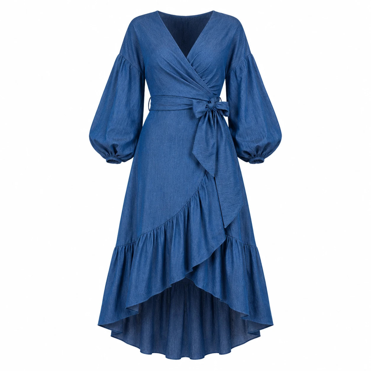 Wrap-Front Denim Ruffle Maxi Dress WHD0607004