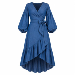 Wrap-Front Denim Ruffle Maxi Dress WHD0607004