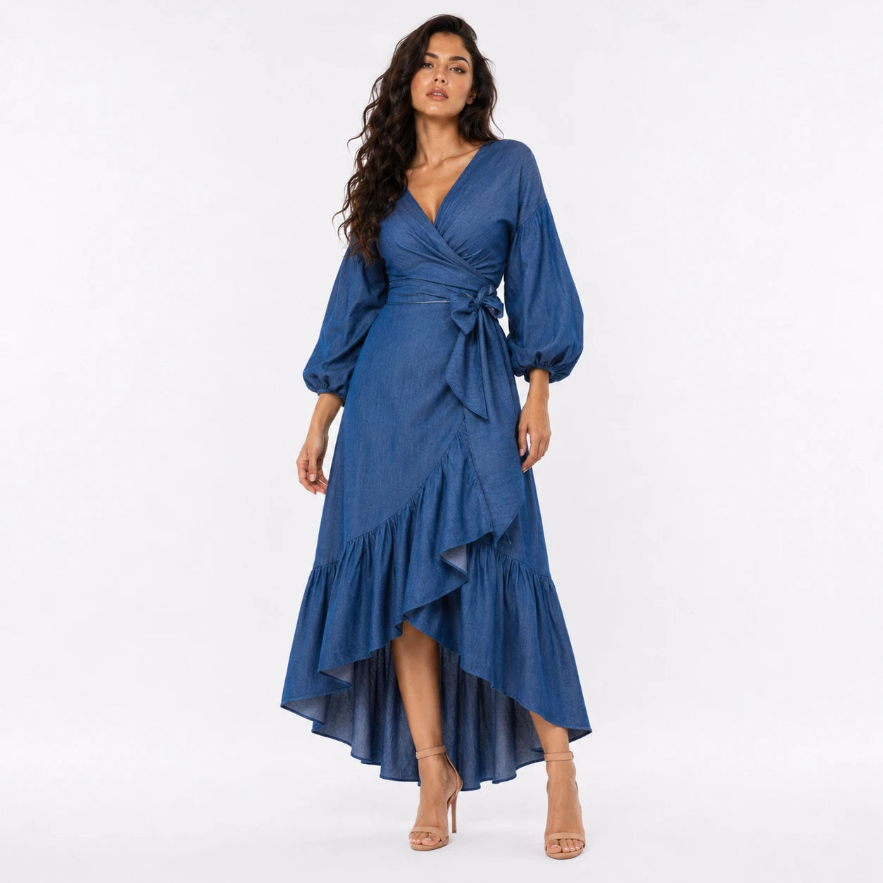 Wrap-Front Denim Ruffle Maxi Dress WHD0607004