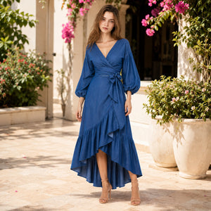 Wrap-Front Denim Ruffle Maxi Dress WHD0607004
