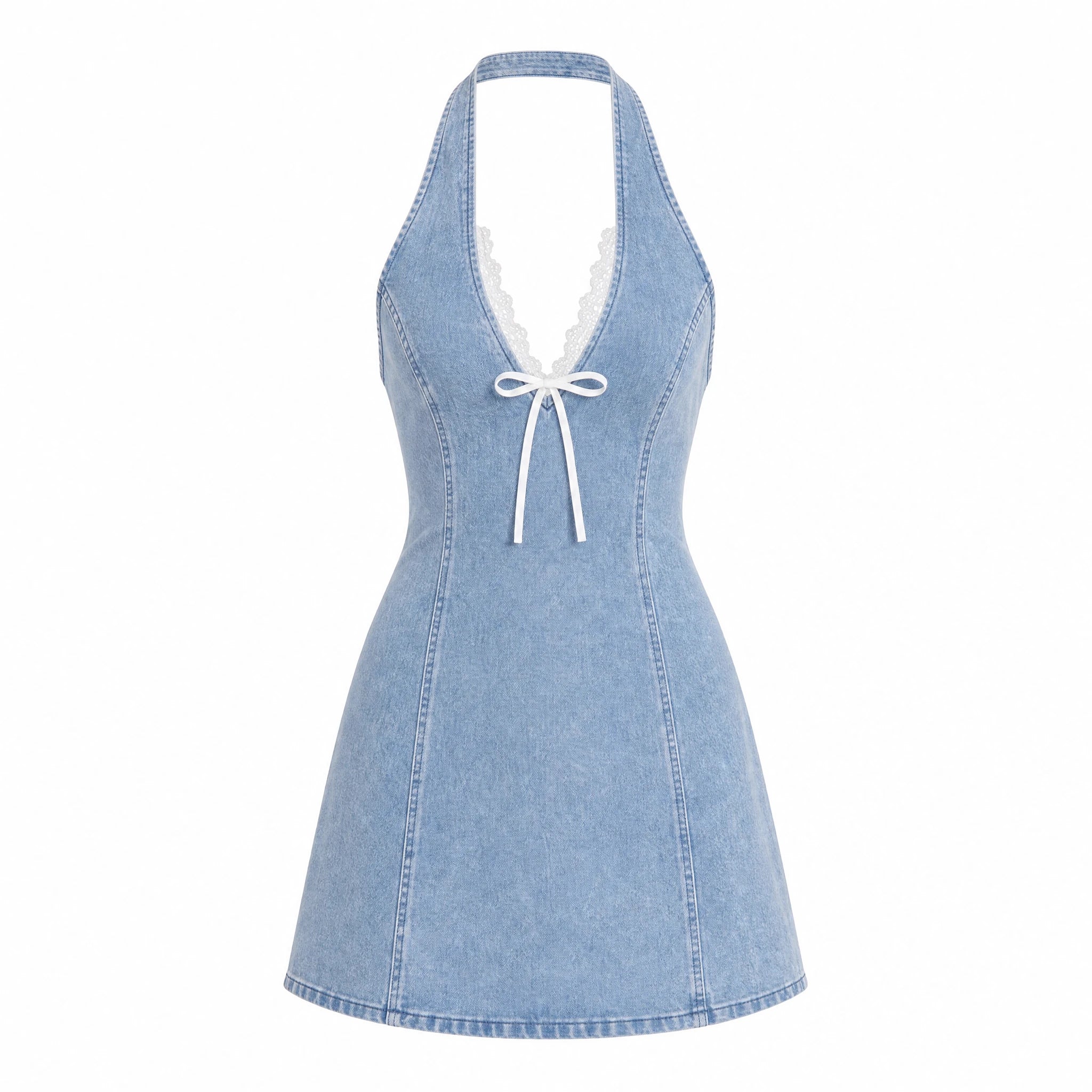 Lace-Trim Halter Denim Mini Dress WHD0607010