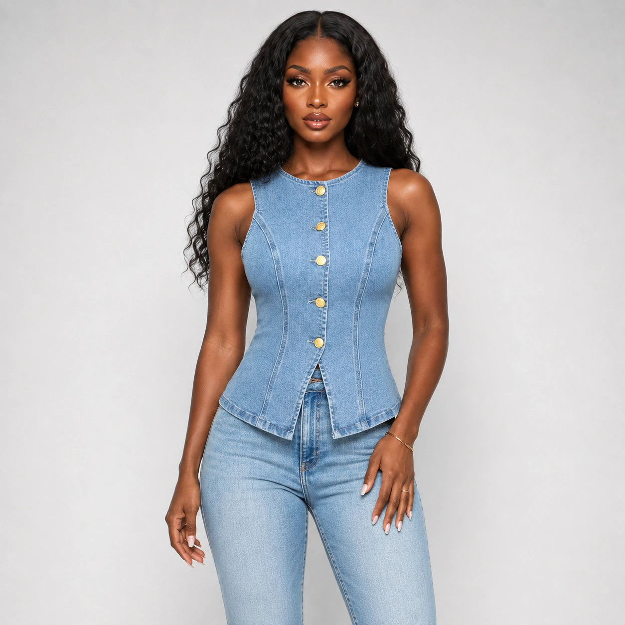Gold-Button Denim Vest Top WHD0607013