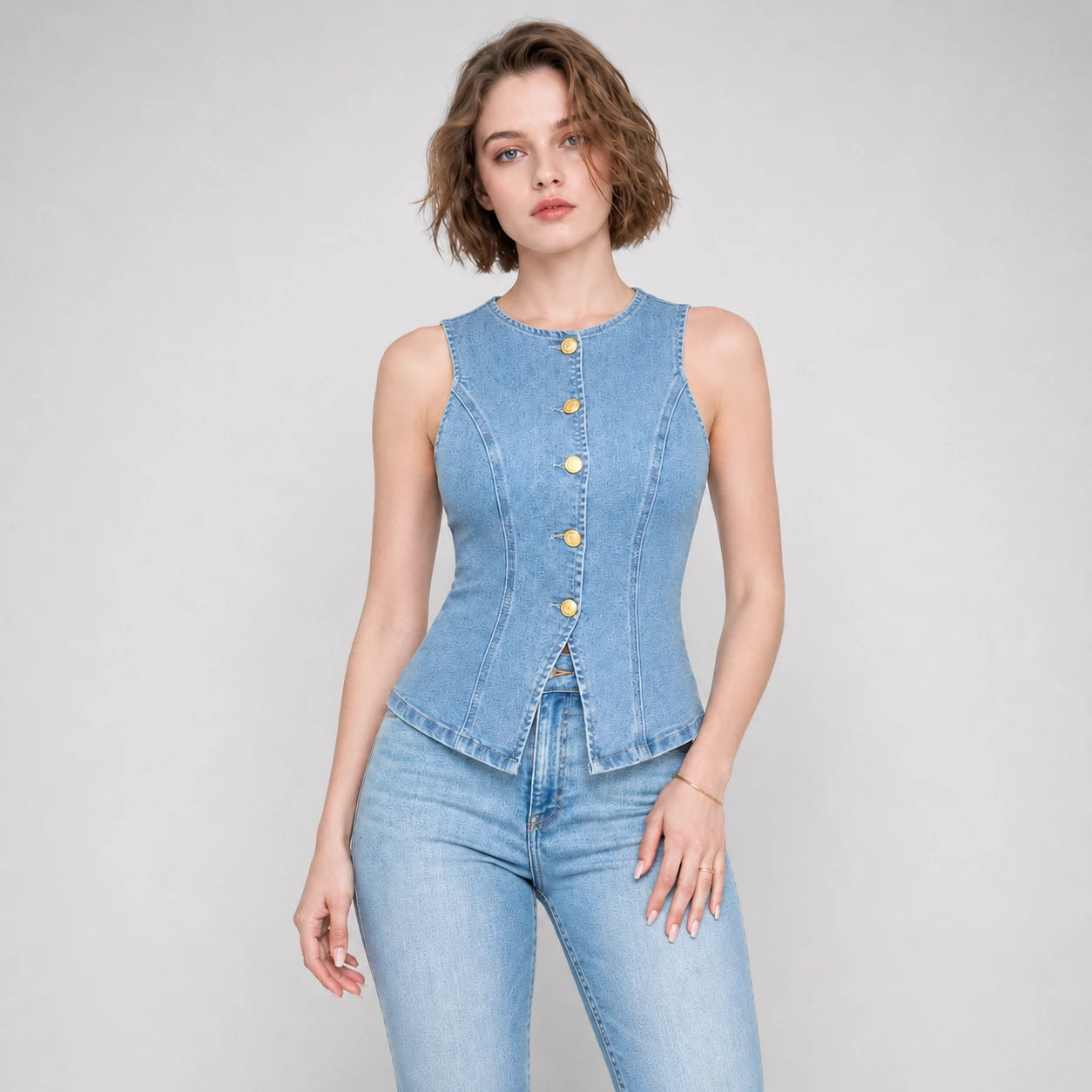Gold-Button Denim Vest Top WHD0607013