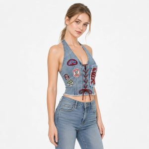 Patch Lace-Up Denim Halter Top WHD0607015