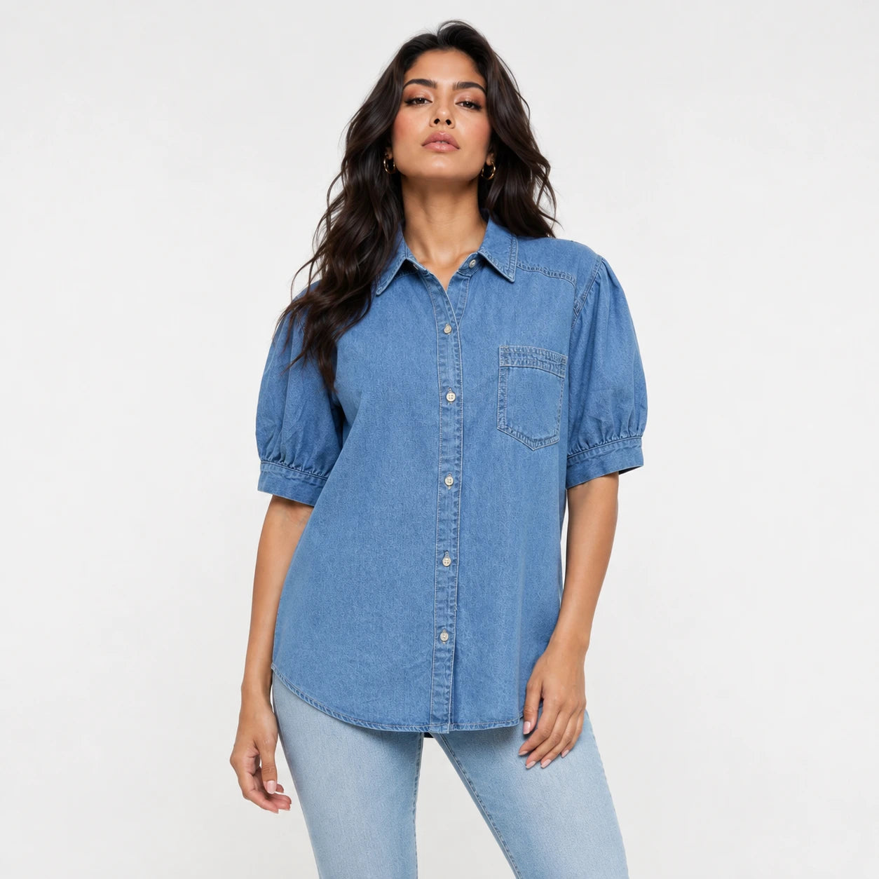 Puff Sleeve Longline Denim Shirt WHD0607016