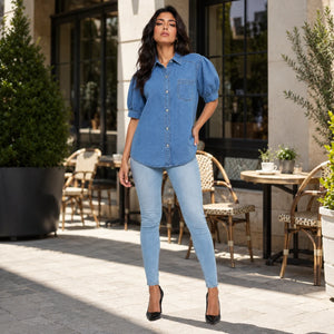 Puff Sleeve Longline Denim Shirt WHD0607016