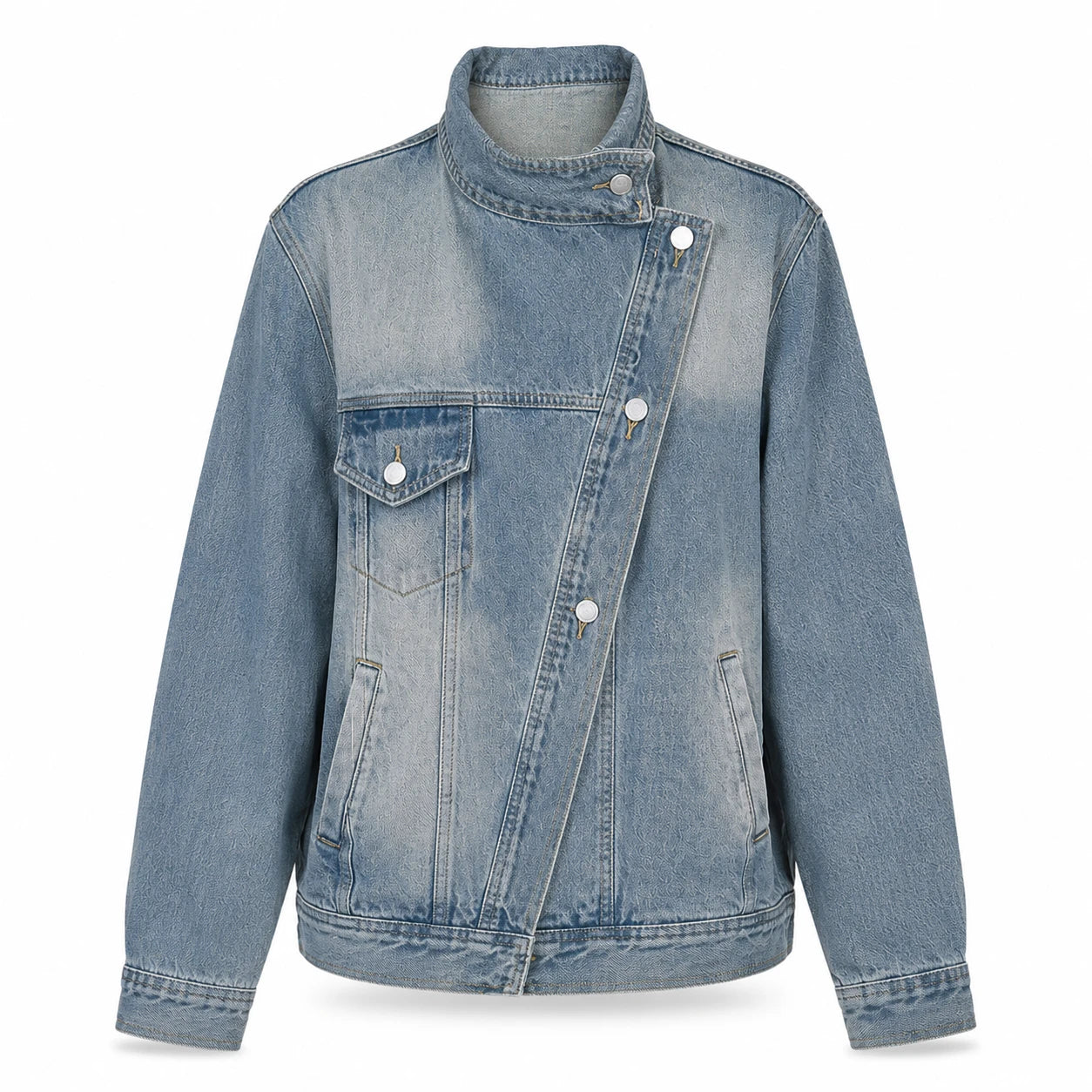 Asymmetric High-Collar Denim Jacket WHD0607018