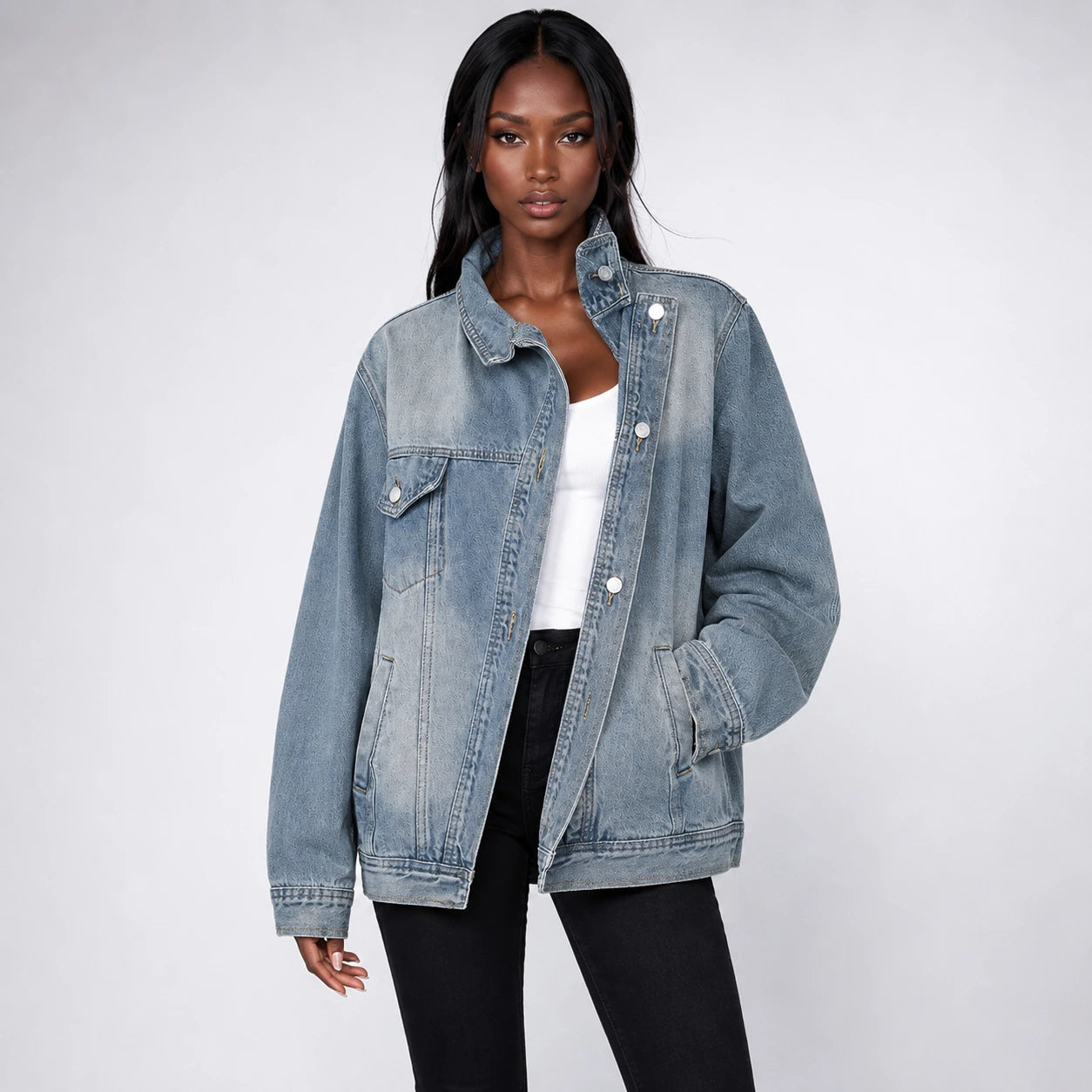 Asymmetric High-Collar Denim Jacket WHD0607018