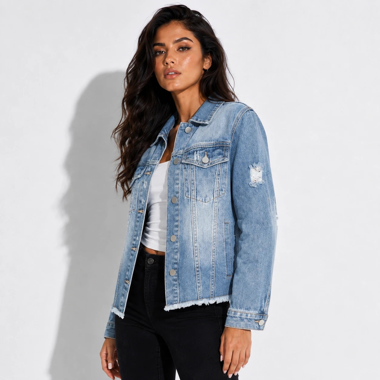 Distressed Raw Hem Denim Jacket WHD0607022