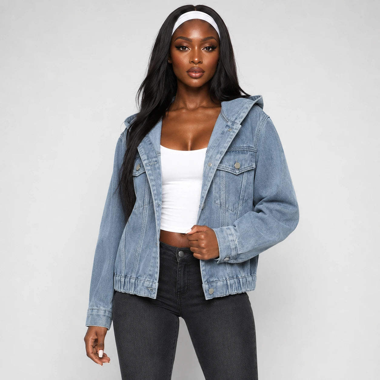 Hooded Elastic Hem Denim Jacket WHD0607024