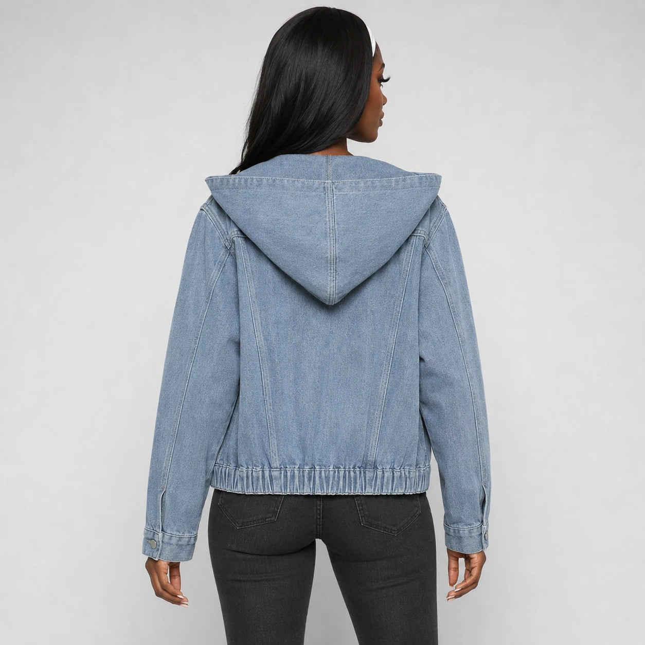 Hooded Elastic Hem Denim Jacket WHD0607024
