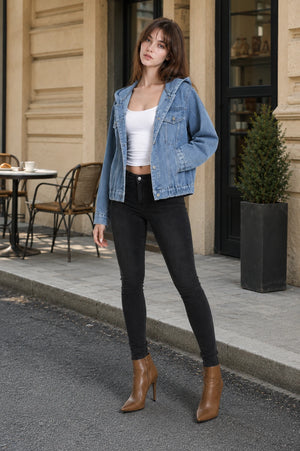 Hooded Elastic Hem Denim Jacket WHD0607024
