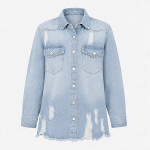 Distressed Longline Denim Shirt Jacket WHD0607025
